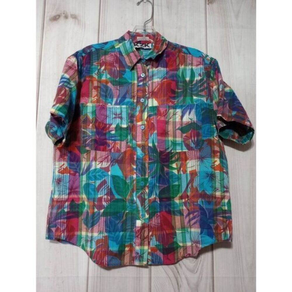 Vintage 1993 KZK Womens Medium Multi Color Tropical Plaid Cotton Button Up Shirt